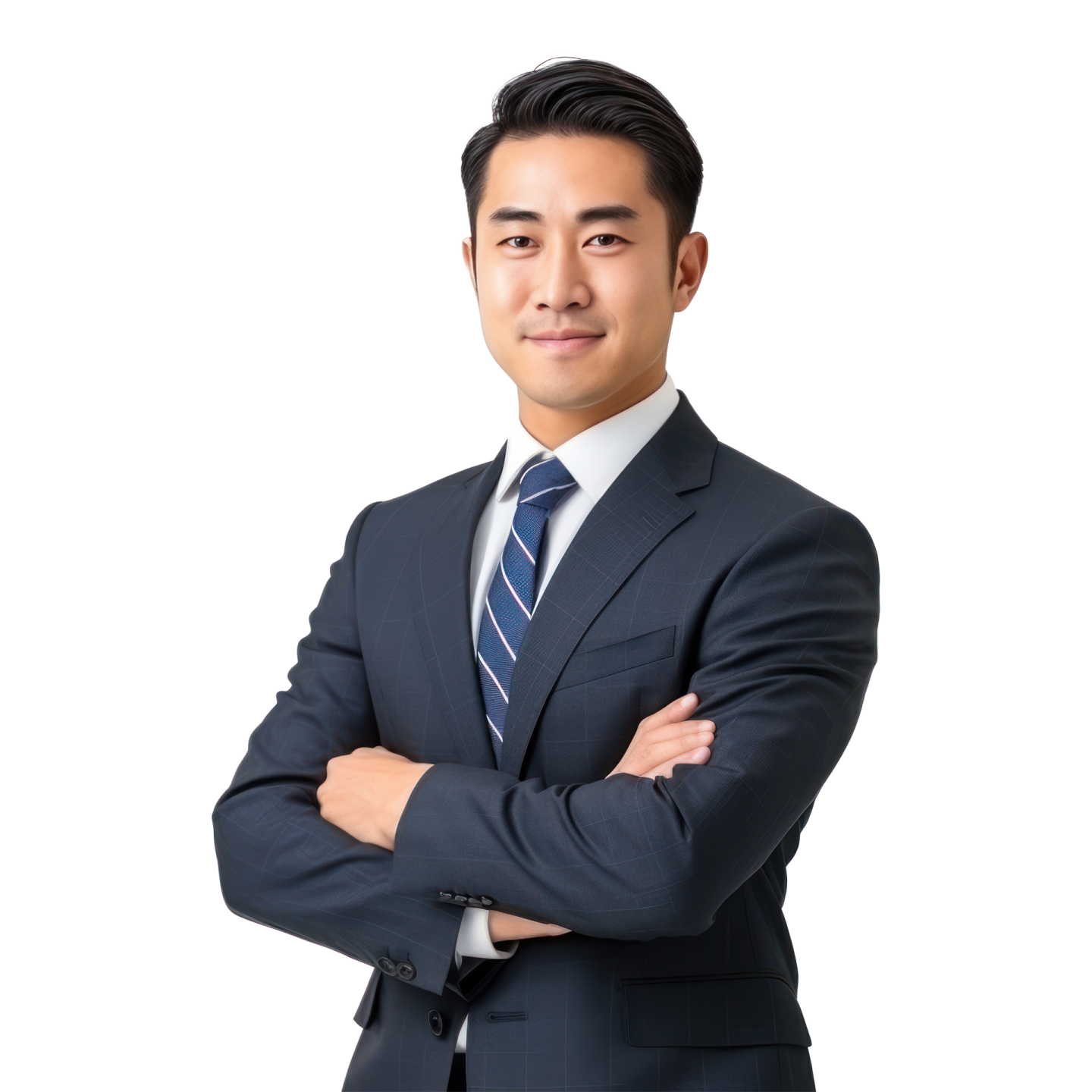 a man in a suit and tie standing with his arms crossed