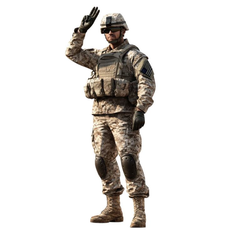 a soldier salutes with his hand in the air