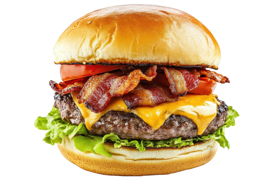 a bacon and cheese burger on a white background