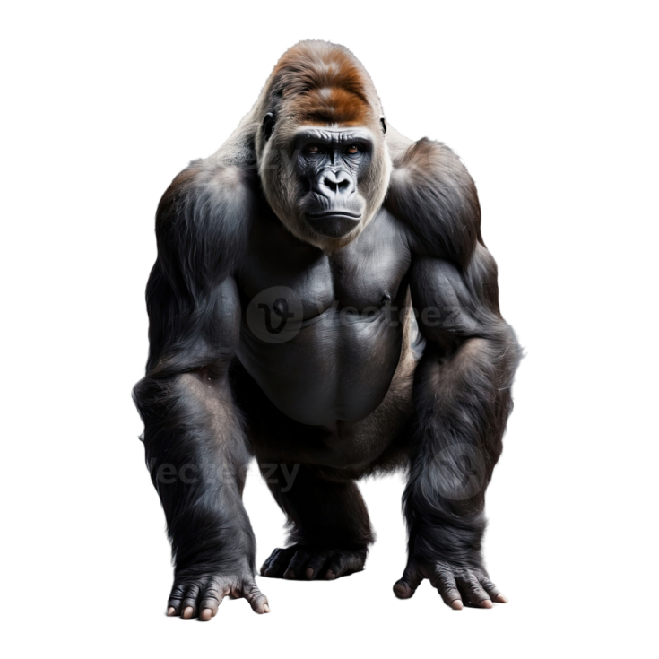 a gorilla standing in front of a white background