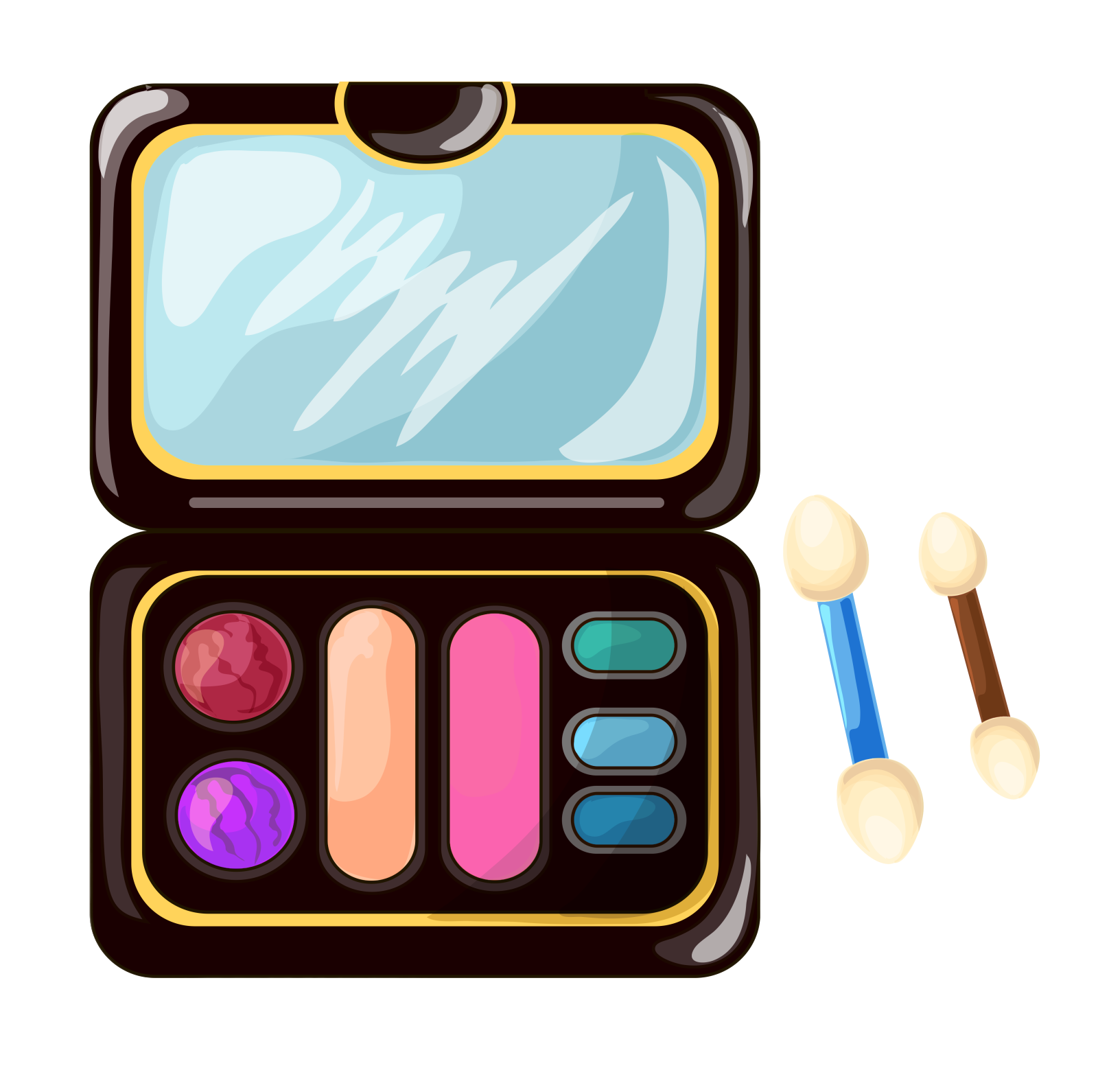 an open makeup case with a mirror and brushes