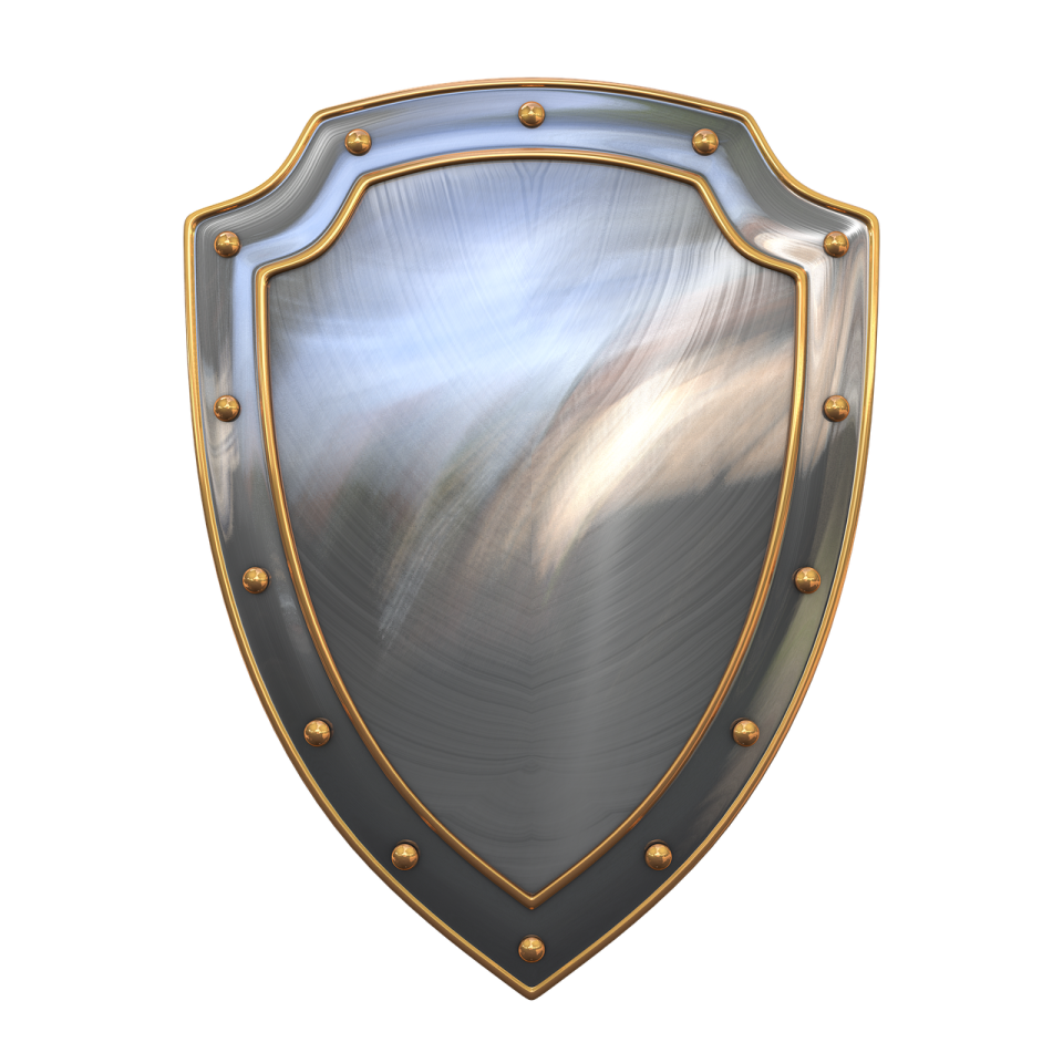 a metal shield on a white background