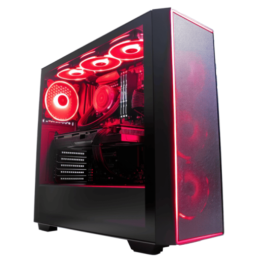 a black computer case with red leds