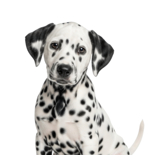 a black and white dog sitting on a white background