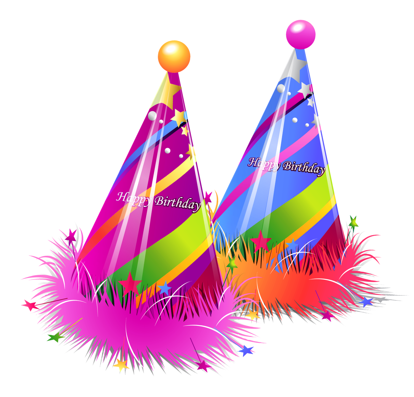 two party hats with the word happy birthday