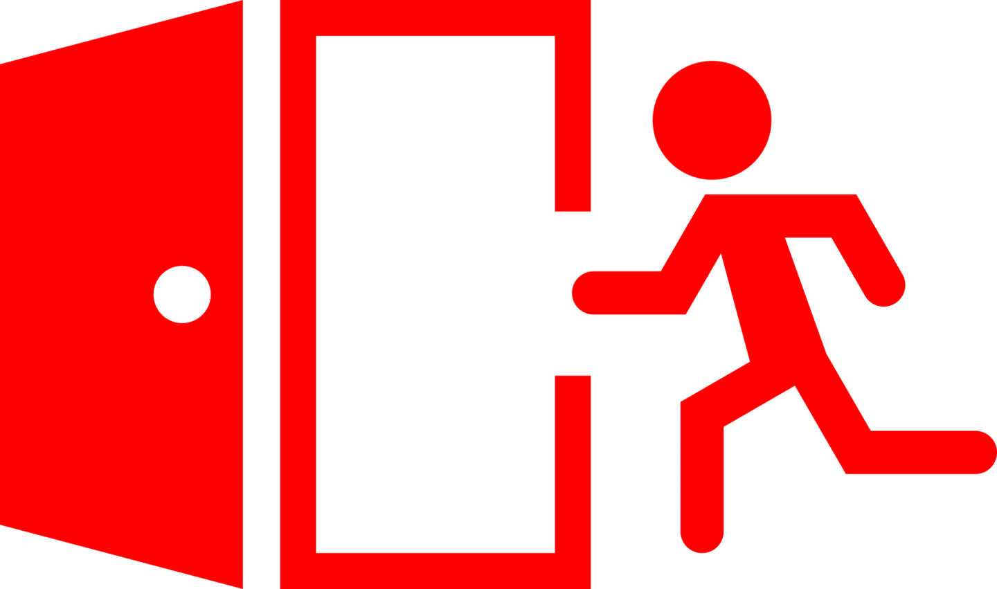 a red emergency door with a man running out of it