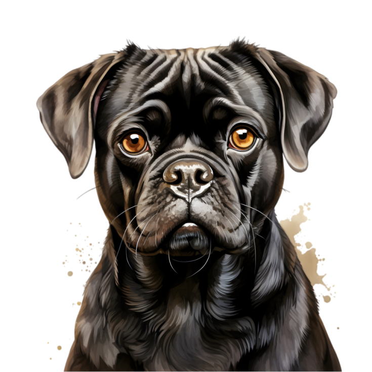 a black pug dog with orange eyes