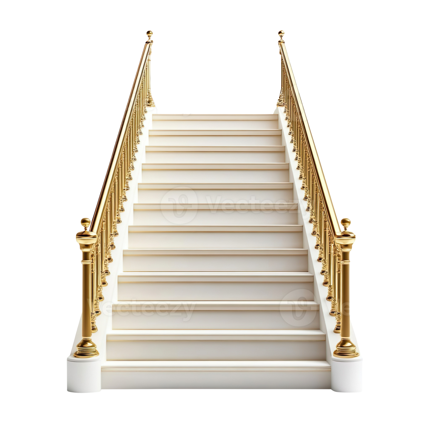 a set of white stairs with gold railings