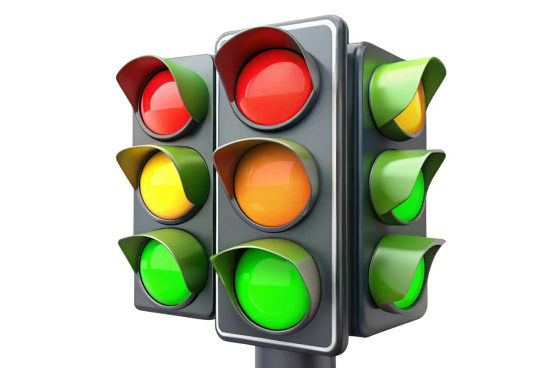 a traffic light that is red, green and yellow