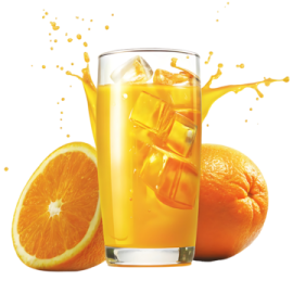 a glass of orange juice next to an orange slice