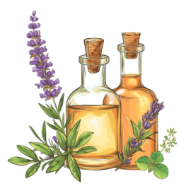 a bottle of essential oil with lavender flowers and leaves