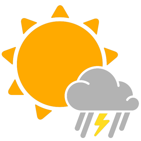 a weather icon with the sun and storm