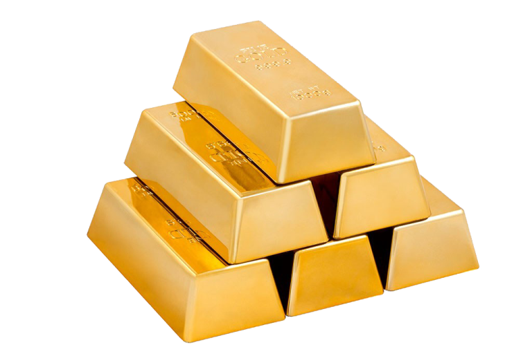 a stack of gold bars on a white background
