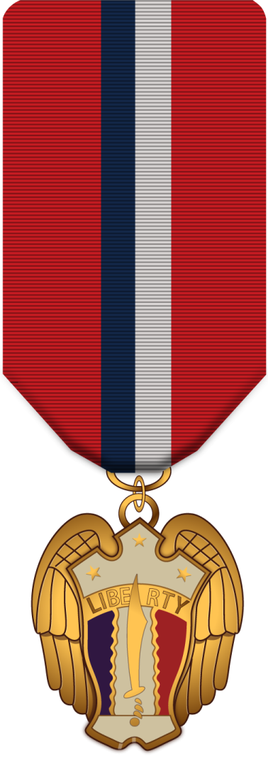 a medal with a red, white and blue ribbon