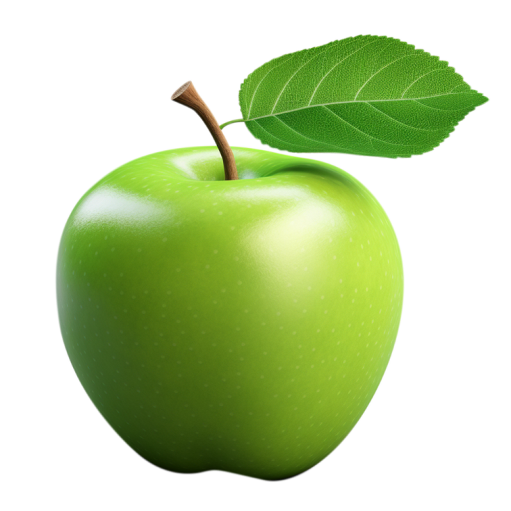 a green apple with a leaf on top