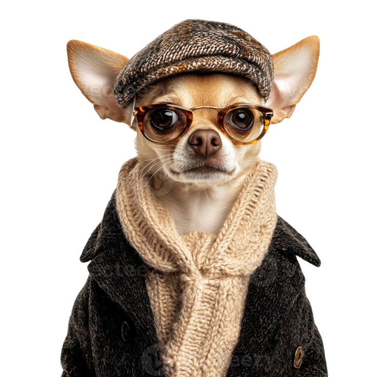 a small dog wearing a hat and glasses