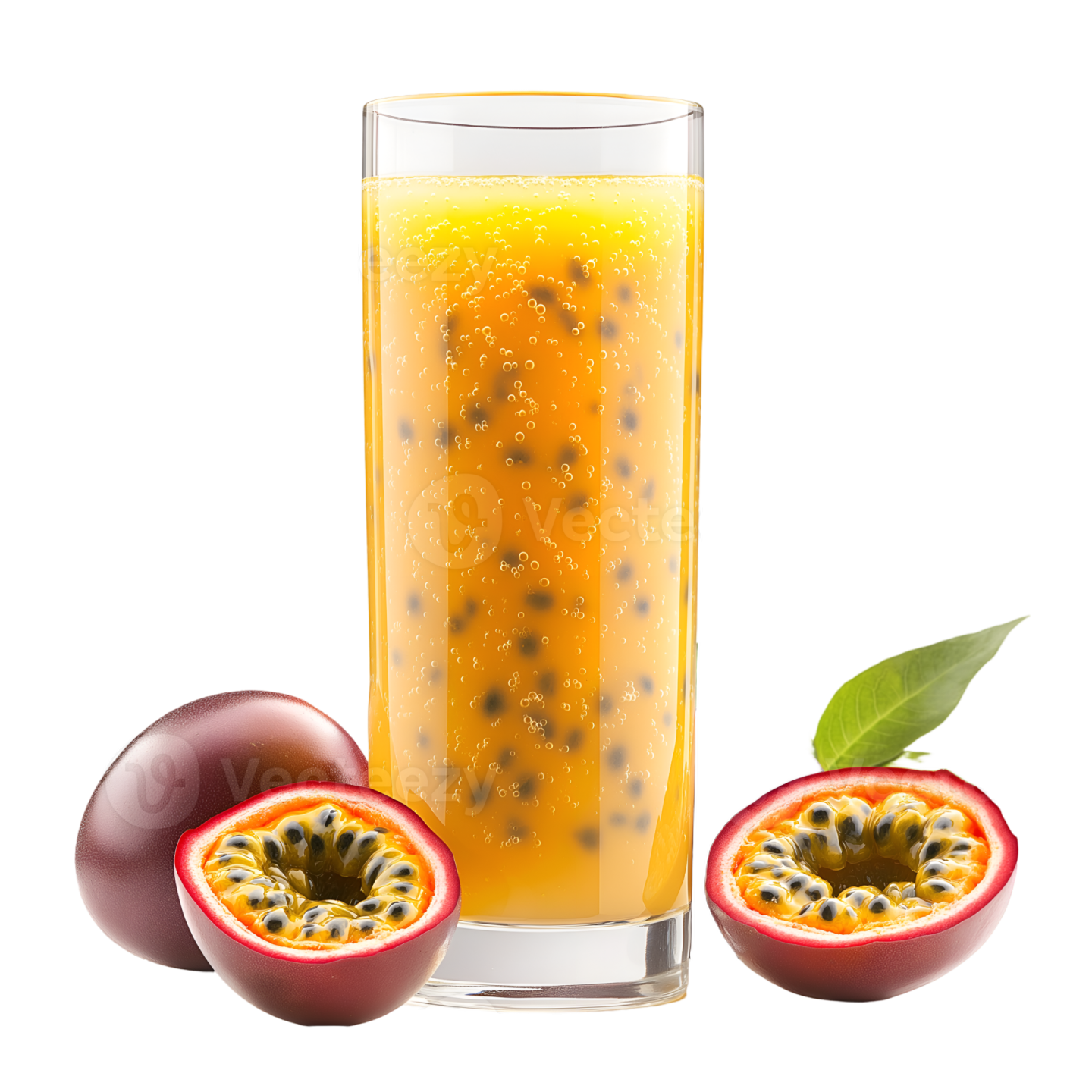 a glass of passion fruit juice next to two whole passion fruits