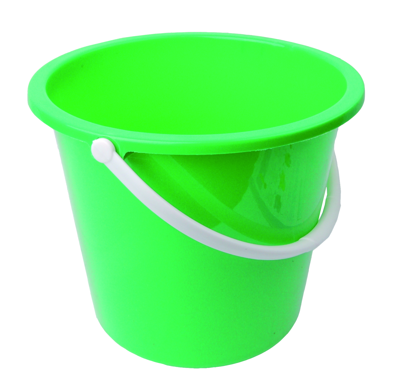 a green bucket with a white handle