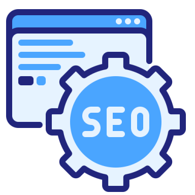 a blue and white icon with the word seo on it