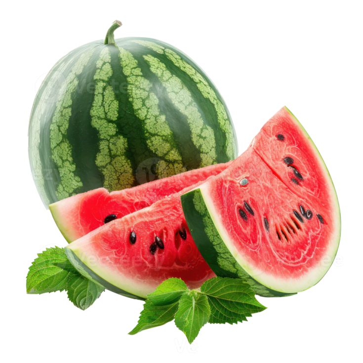 watermelon with slices and leaves isolated on a white background