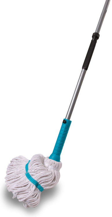 a white mop with a blue handle