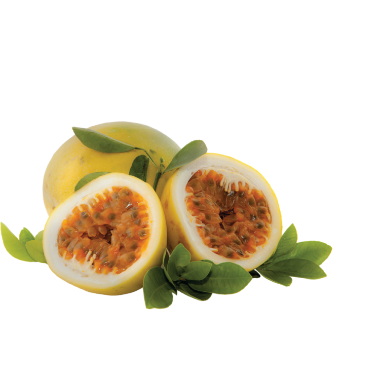two halves of passion fruit on a white background