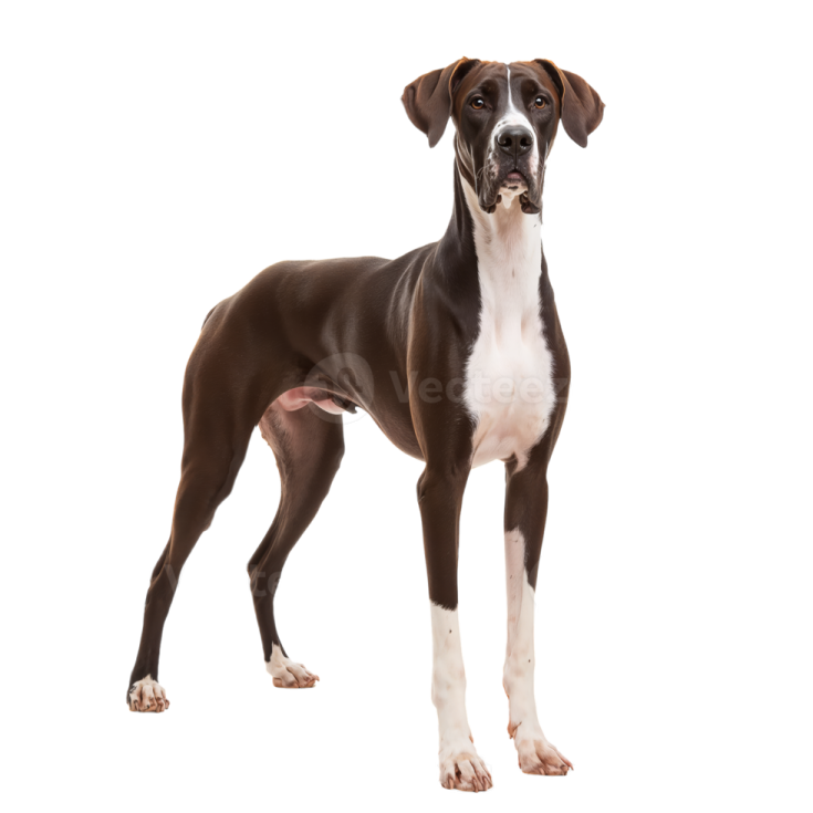 a brown and white dog standing in front of a white background