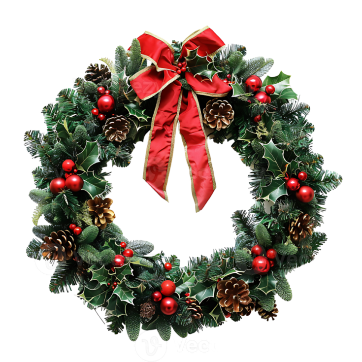 a christmas wreath with red berries and pine cones