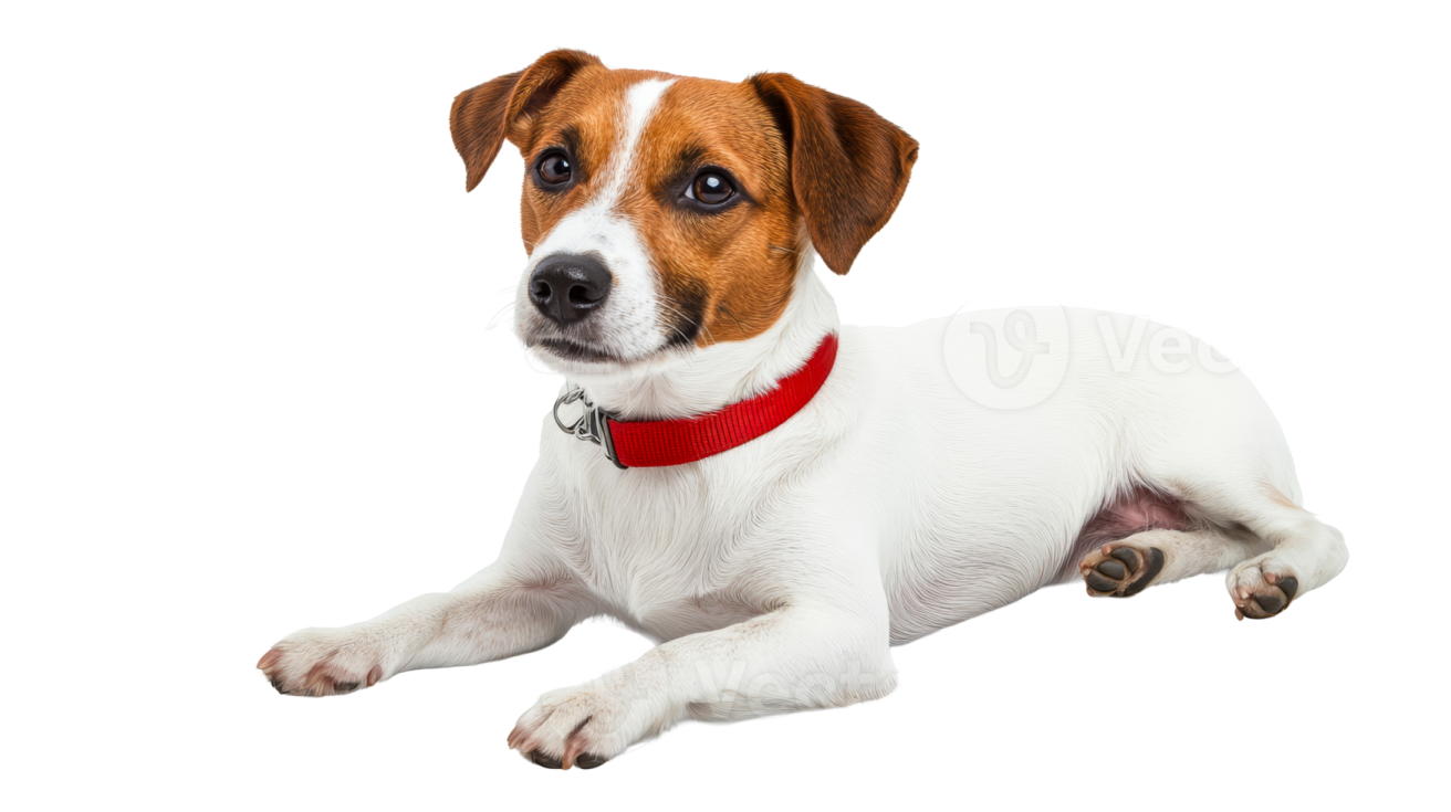 a small dog with a red collar laying down