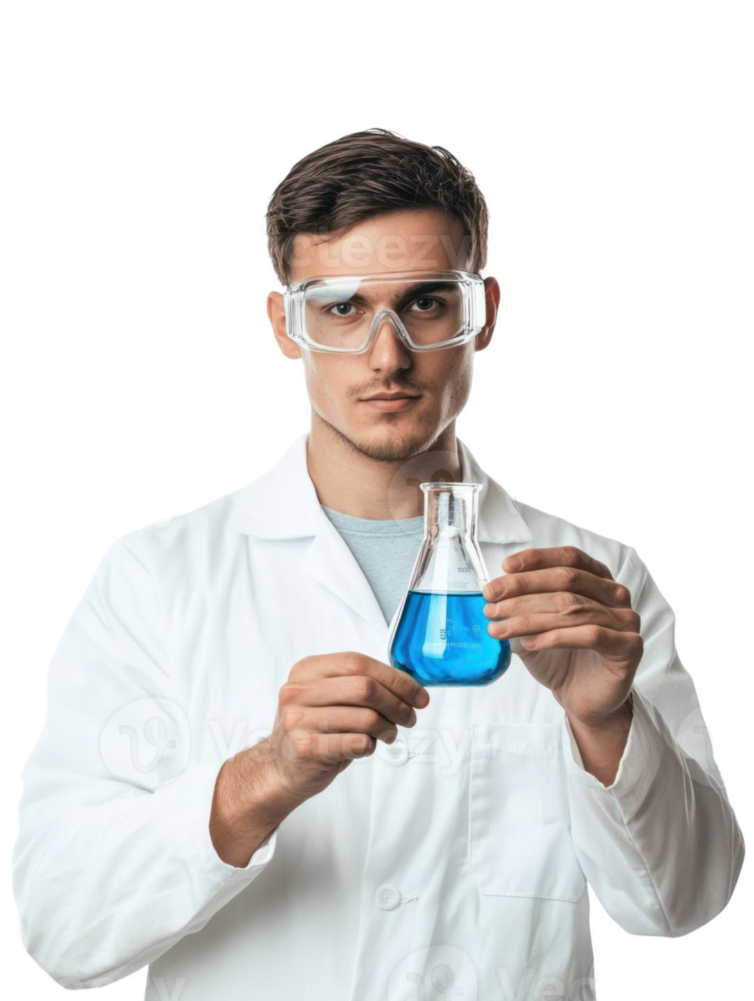 a man in white lab coat and goggles holding a test tube