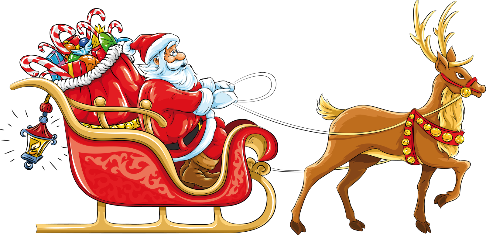 a santa claus riding in a sler with his reindeer