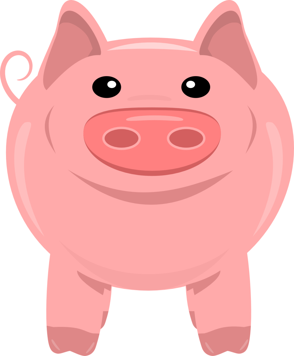 a pink pig with black eyes