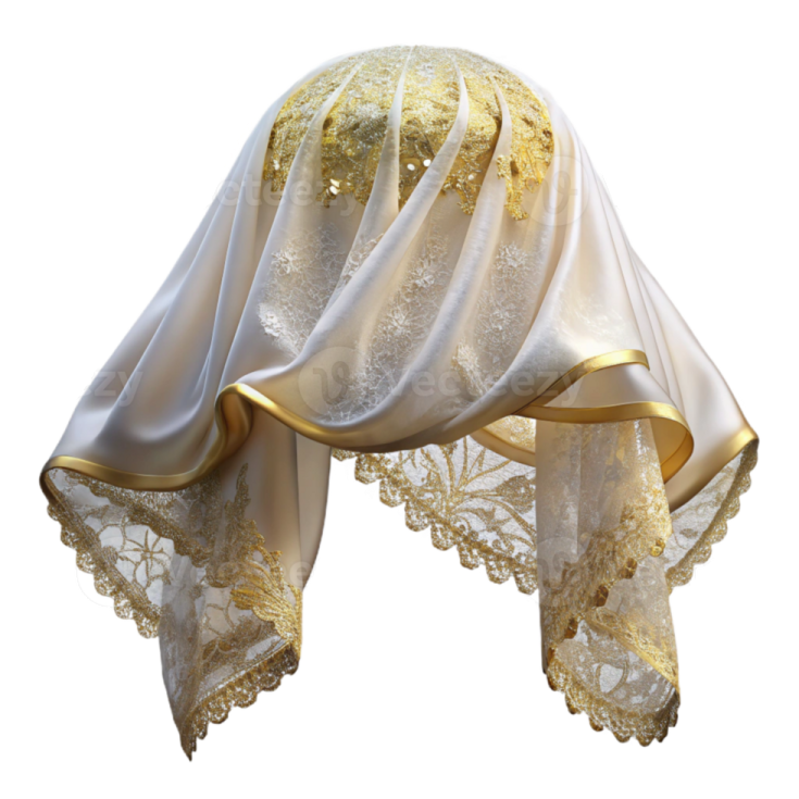 a white scarf with gold trim and lace