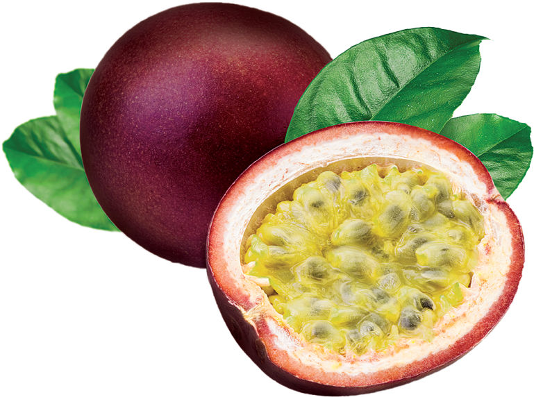 a passion fruit cut in half on a white background
