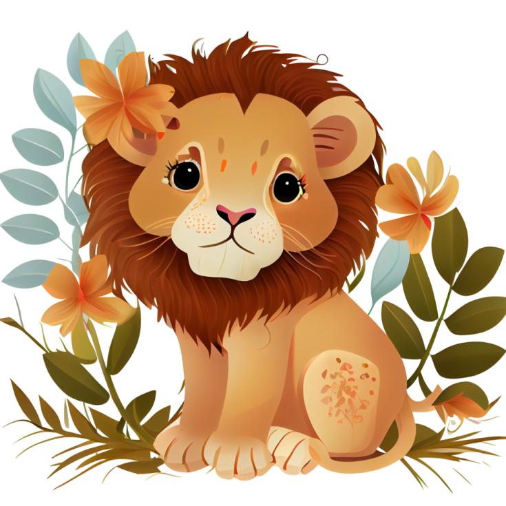 a lion sitting in the grass with flowers