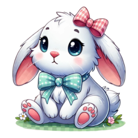 a cute bunny with a bow sitting on the ground