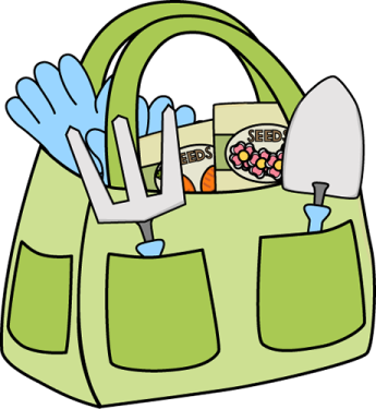 a green bag filled with gardening tools