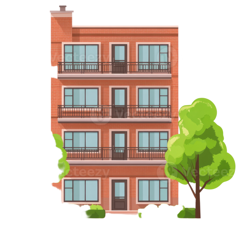 an apartment building with trees and bushes
