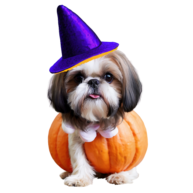 a small dog wearing a purple witch hat
