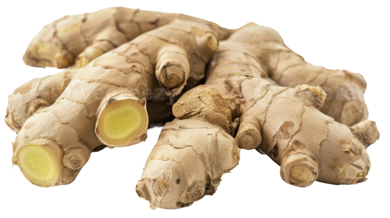 a pile of fresh ginger root on a white background