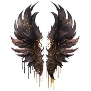 a pair of wings with gold and black paint
