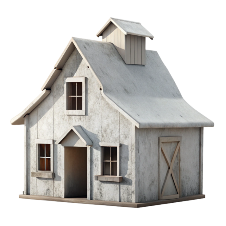 a white wooden house with a gray roof