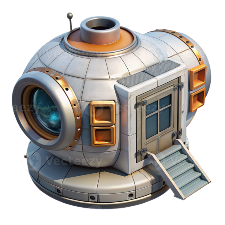 a silver and gold space station with a white background