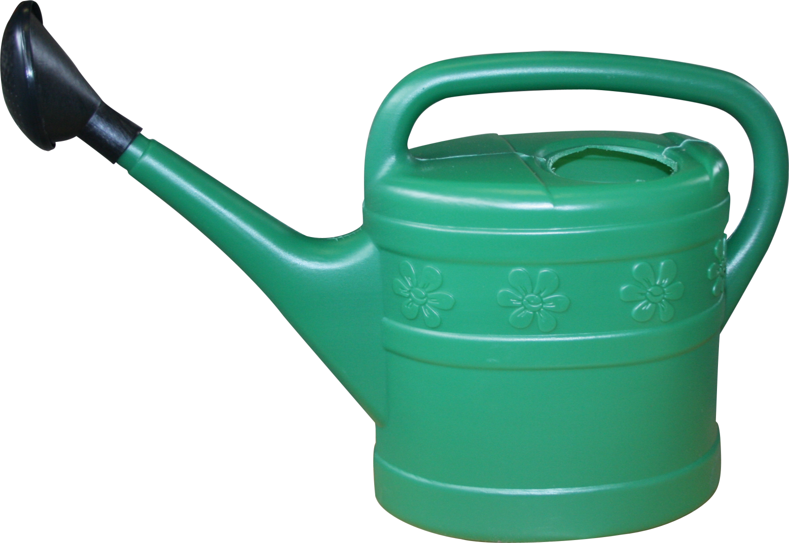 a green watering pot with a black handle
