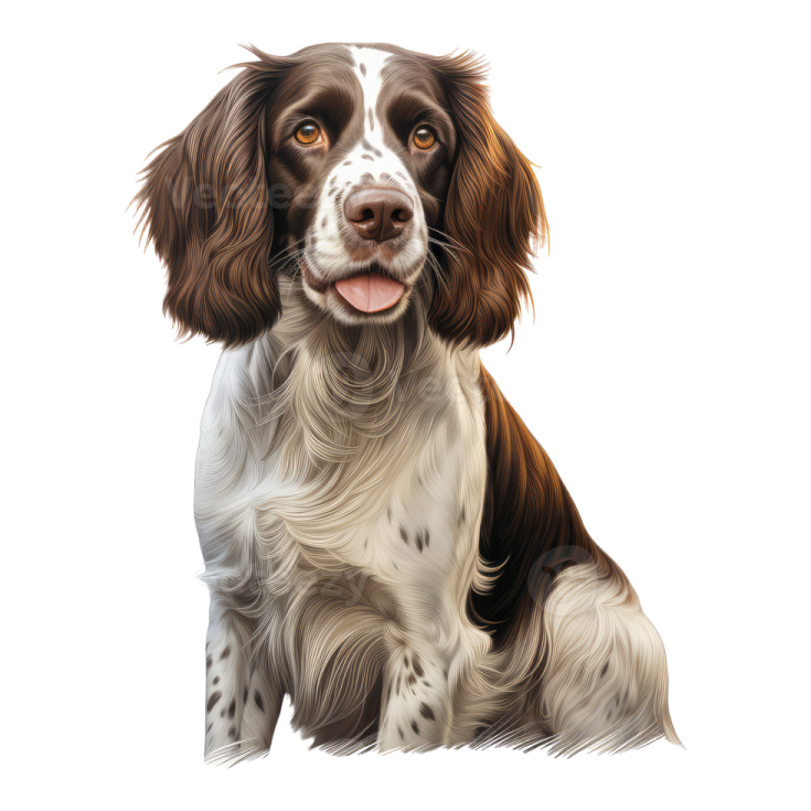 a brown and white dog sitting on a white background
