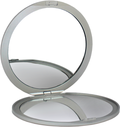 a silver compact mirror on a white background