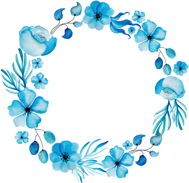 a blue flower wreath with watercolor flowers