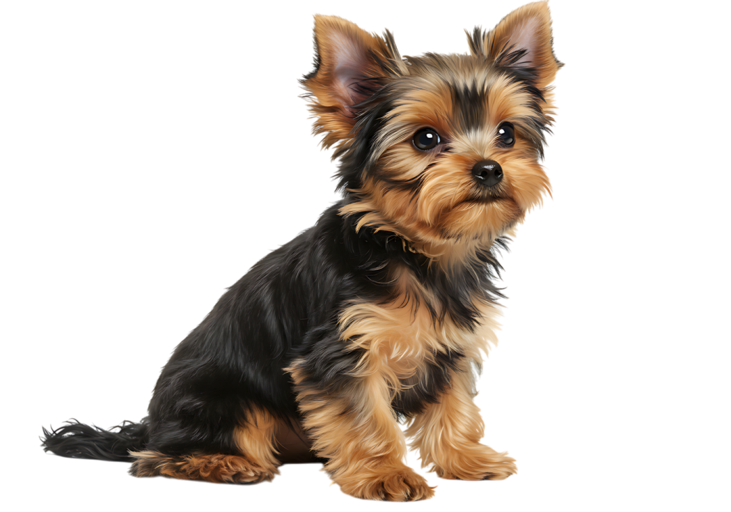 a small black and brown dog sitting on a white background