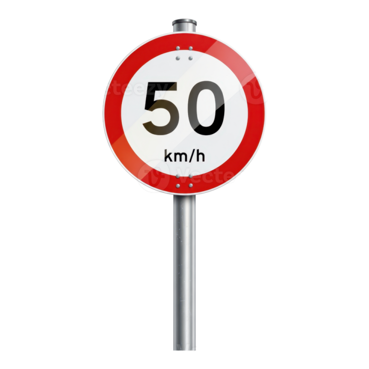 a red and white road sign with the number 50 km