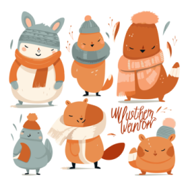 a set of cute animals in winter clothes